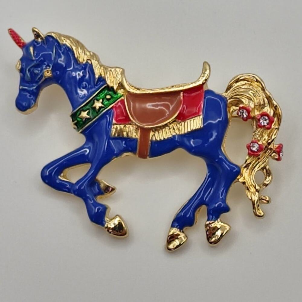 Unicorn Enamel Blue Brooch W/ Saddle On Gold Color Metal Back